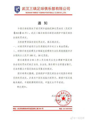 武汉三镇对阿齐兹罚款1美元 进行全队通报批评