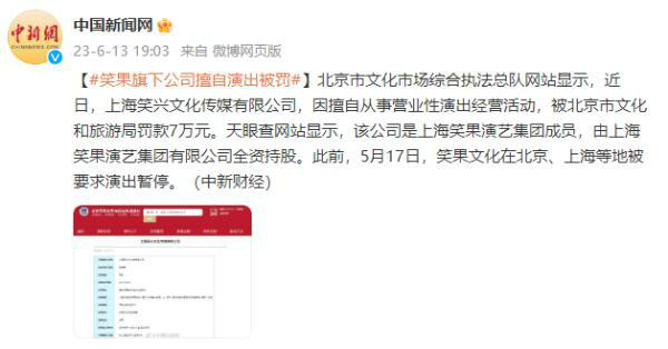 笑果旗下公司擅自演出被罚 被北京市文旅局罚款7万元