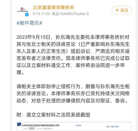 孙东海起诉造谣者 否认与张柏芝相关传闻