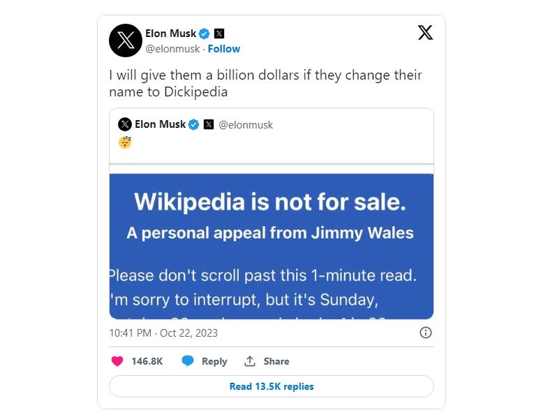 马斯克：维基百科若愿意更名 将捐款10亿美元