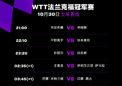 2023WTT法兰克福冠军赛赛程直播时间表10月30日 今天中国乒乓球队比赛对阵表图