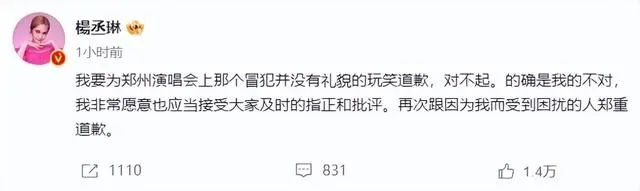 杨丞琳就“河南人爱骗人”言论道歉：接受大家批评指正