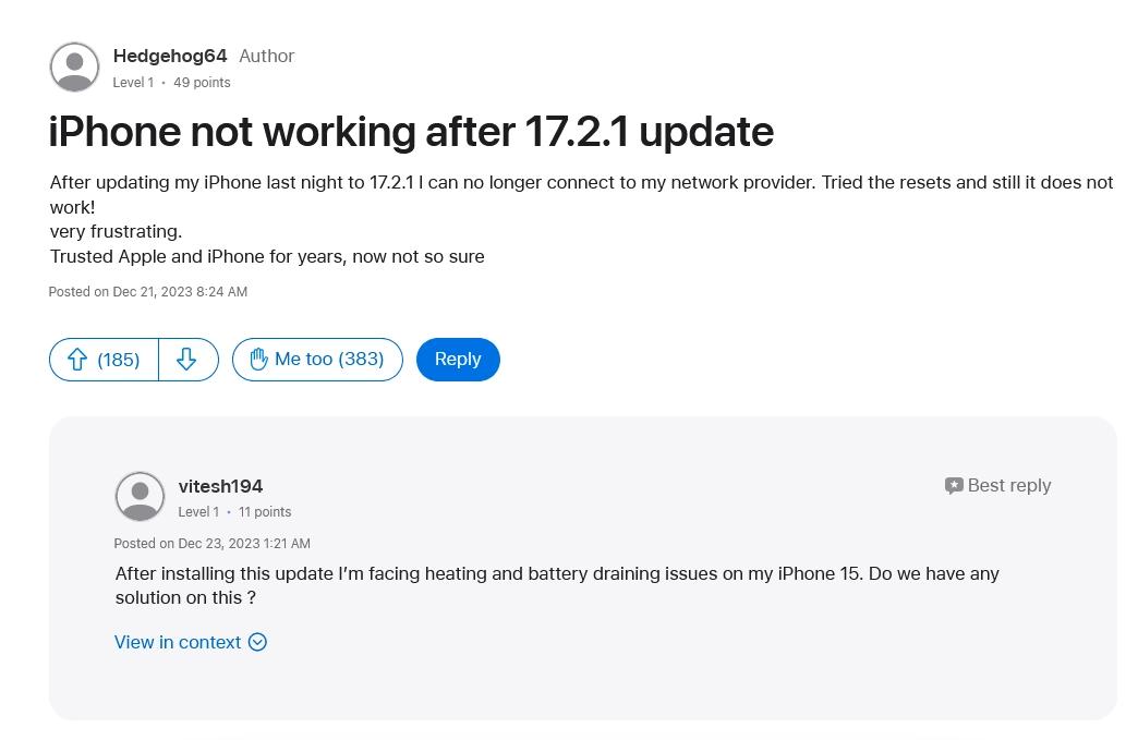 iOS 17.2.1引不满 存在无法接打电话和蜂窝上网等问题