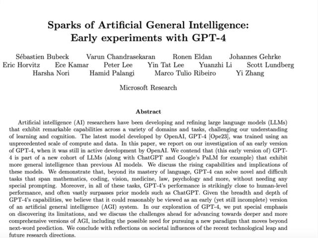 微软154页研究论文刷屏，对GPT-4最全测试曝光，称其初次叩开AGI的大门