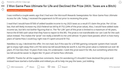 中奖却需纳税超1.2万元：玩家主动放弃微软终生XGPU大奖