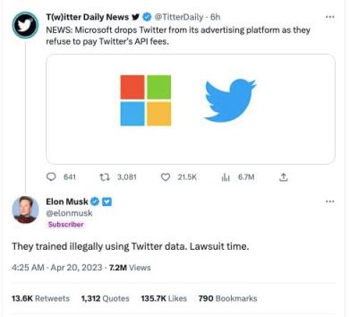 马斯克将起诉微软，称其使用 Twitter 数据“非法”训练GPT，吃瓜网友：事情变得更有趣了！
