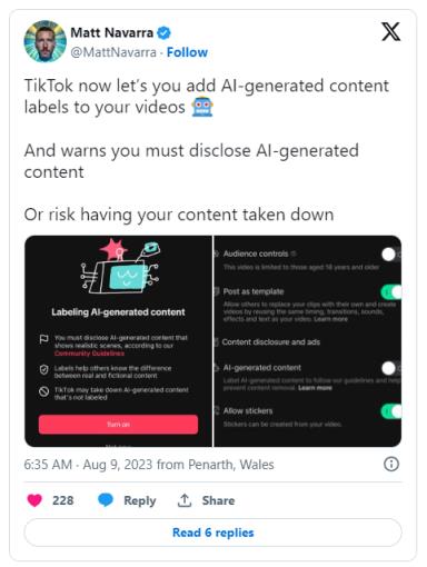 TikTok 推出 AI 生成内容披露功能，以防止内容被删除