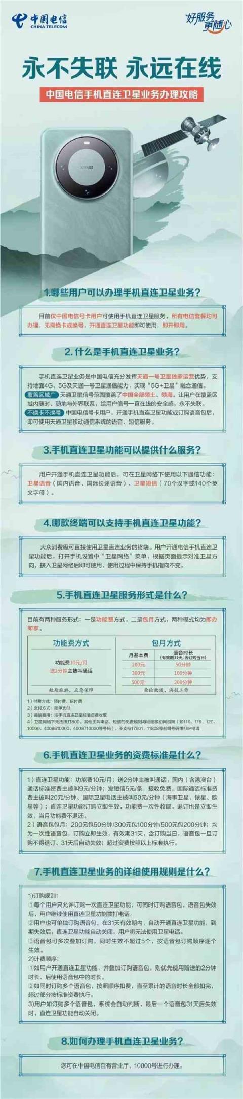 中国电信“手机直连卫星”服务上线：10元/月 不订购语音包9元/分钟